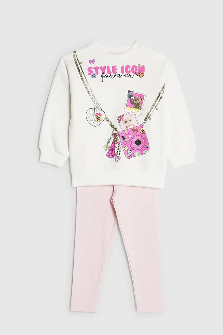 Mini Girls Beige Camera Bag Sweatshirt Set - 3