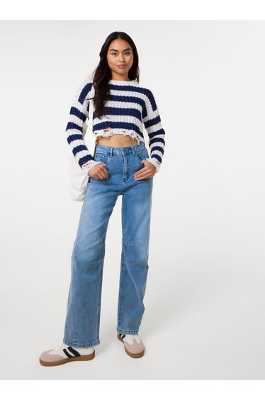 Distressed Striped Crop Knit Jumper