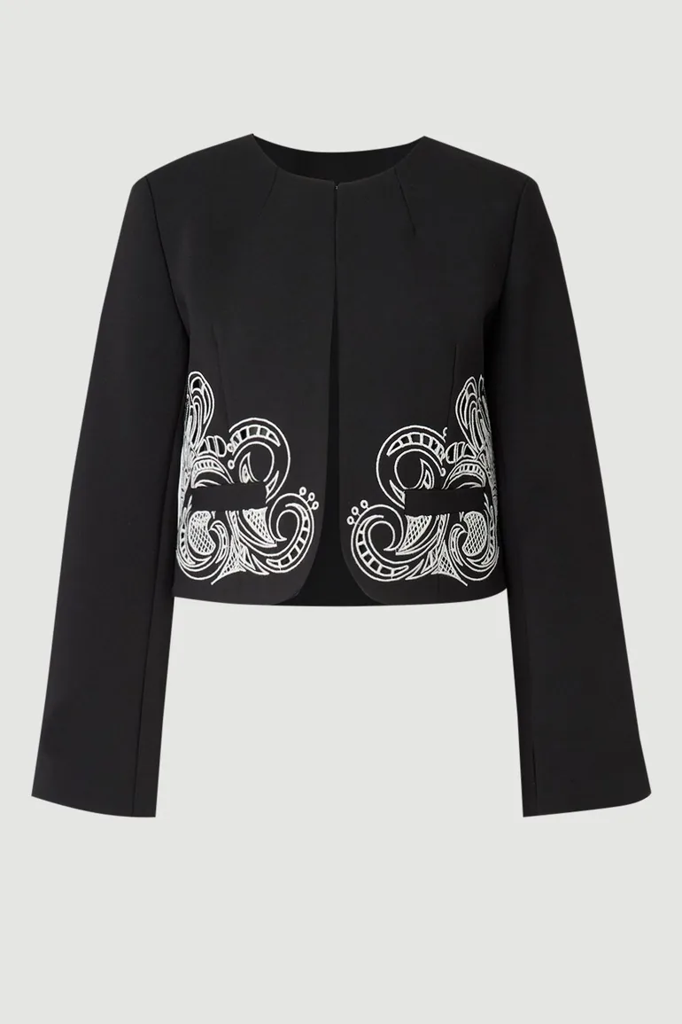 Tailored Cutwork Detail Collarless Jacket - 3