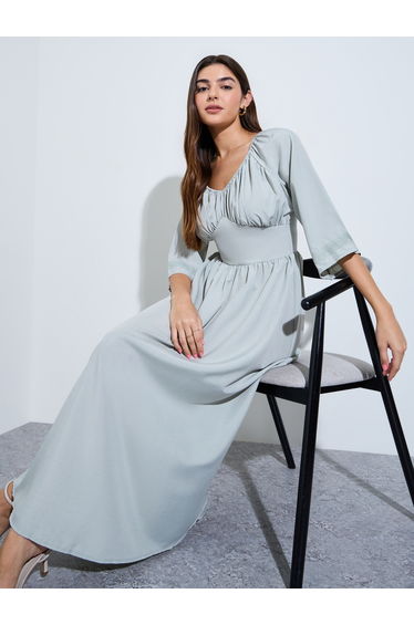 Grey A-Line Maxi Dress with 3/4 Sleeves