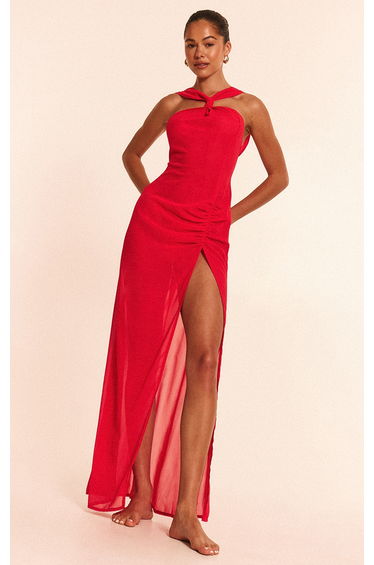 Red Halter Neck Chiffon Maxi Beach Dress