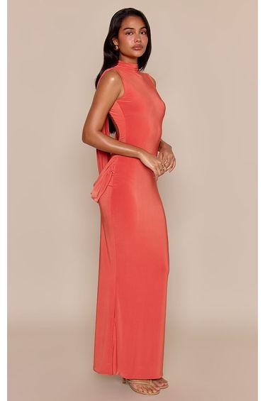 Orange Double Layer Slinky Drape Detail Maxi Dress