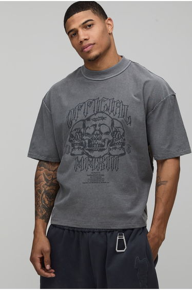 Washed Charcoal Oversized Boxy Skull Exposed Seam T-Shirt - washed charcoal