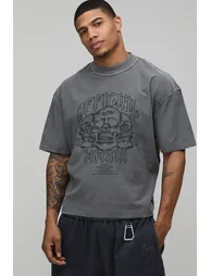 Washed Charcoal Oversized Boxy Skull Exposed Seam T-Shirt - washed charcoal