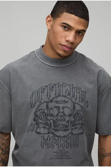 Washed Charcoal Oversized Boxy Skull Exposed Seam T-Shirt - washed charcoal