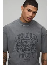 Washed Charcoal Oversized Boxy Skull Exposed Seam T-Shirt - washed charcoal - 2