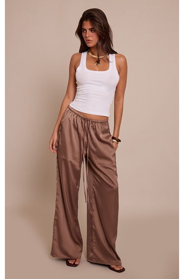 Mushroom Satin Low Rise Wide Leg Drawstring Trousers