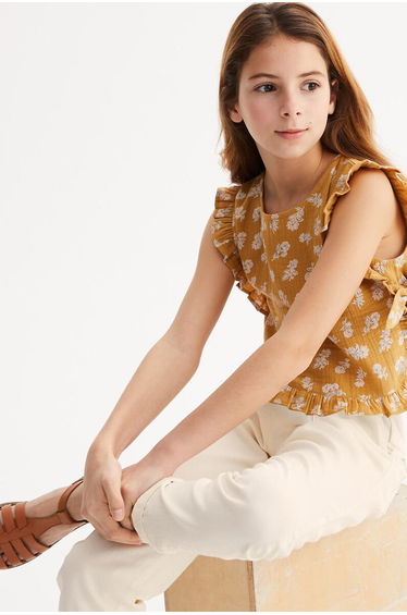 Printed Sleeveless Blouse in Cotton Muslin