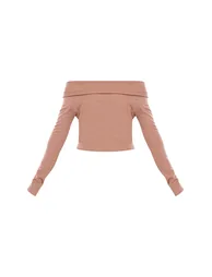 Mocha Rib Foldover Bardot Flute Sleeve Longline Top - 4