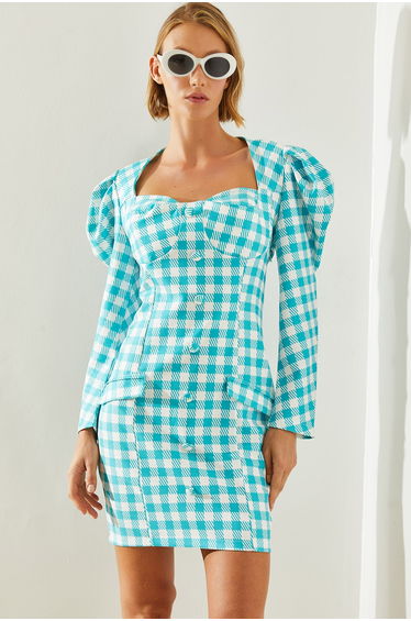 Women Plaid Patterned Watermelon Sleeve Belted Vintage Dress