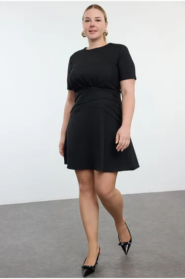 Black Short Sleeve Thin Padded Mini Draped Zippered A-Form Woven Dress