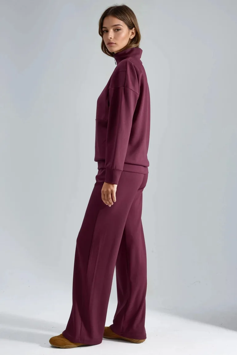 Modal Touch Two-Piece Wide Leg Set with Zipper Collar Bersan Collection - 1