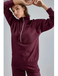 Modal Touch Two-Piece Wide Leg Set with Zipper Collar Bersan Collection - 3