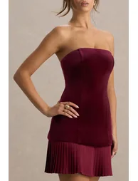 Valentina | Burgundy Bandeau Velvet Mini Dress With Pleated Detailing - 7