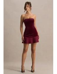 Valentina | Burgundy Bandeau Velvet Mini Dress With Pleated Detailing - 3