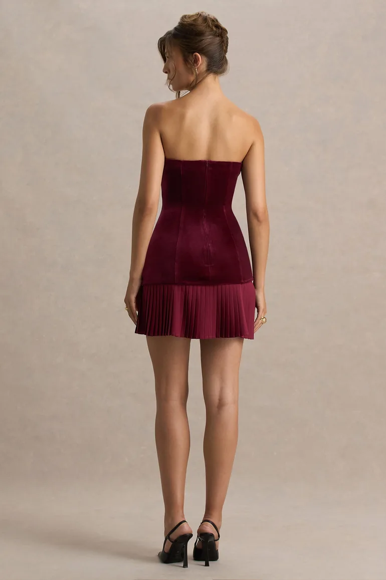 Valentina | Burgundy Bandeau Velvet Mini Dress With Pleated Detailing - 2