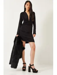LUCCI Bodycon Mini Dress with Ruched Detail and V-Neck
