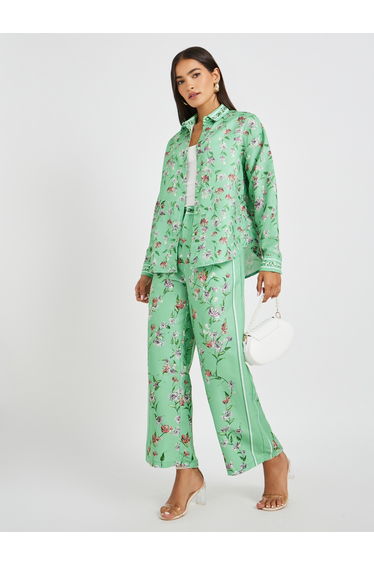 Floral Printed Pleated Panelled Straight Leg Pants