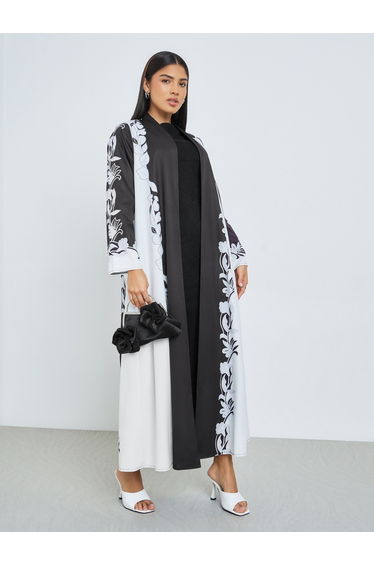 Black Front Open Floral Print Abaya