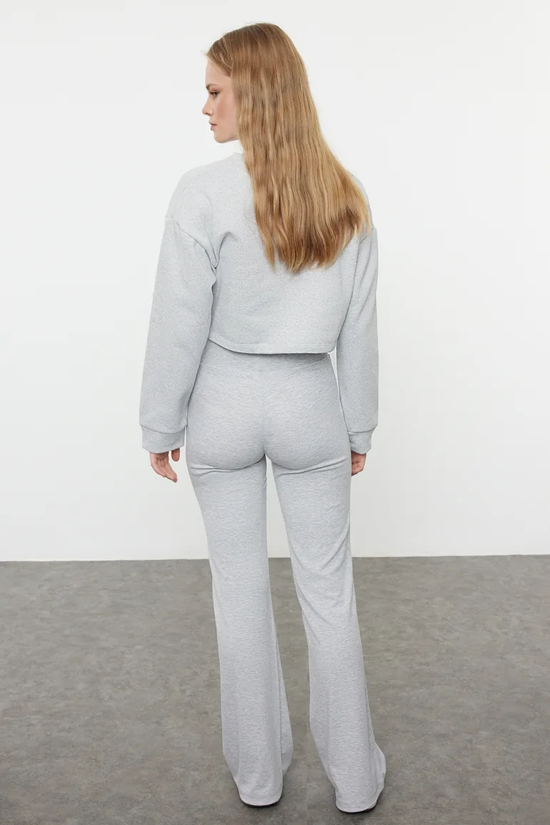 Gray Melange Wide Leg High Waist Interlock Elastic Knitted Trousers - 9