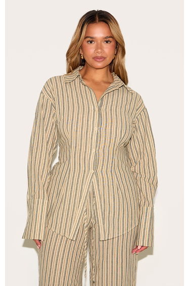 Shape Olive Striped Lace Up Cinched Back Button Front Shirt