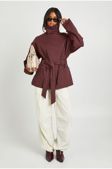 Belted Short Trench Coat - burgundy