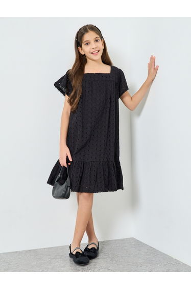 Teen Girls Schiffli Square Neck Dress