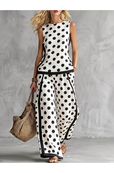 Polka Dot Contrast Color Sleeveless Round-neck Tank Top