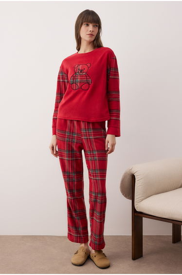 Red plaid polar knitted pajama set