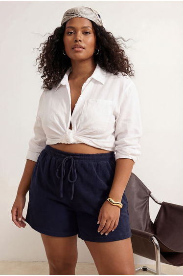 Navy Blue Terry Fabric Wide Leg Plus Size Shorts & Bermuda