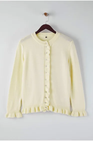 Yellow Button & Flounce Detailed Soft Texture Knitwear Cardigan