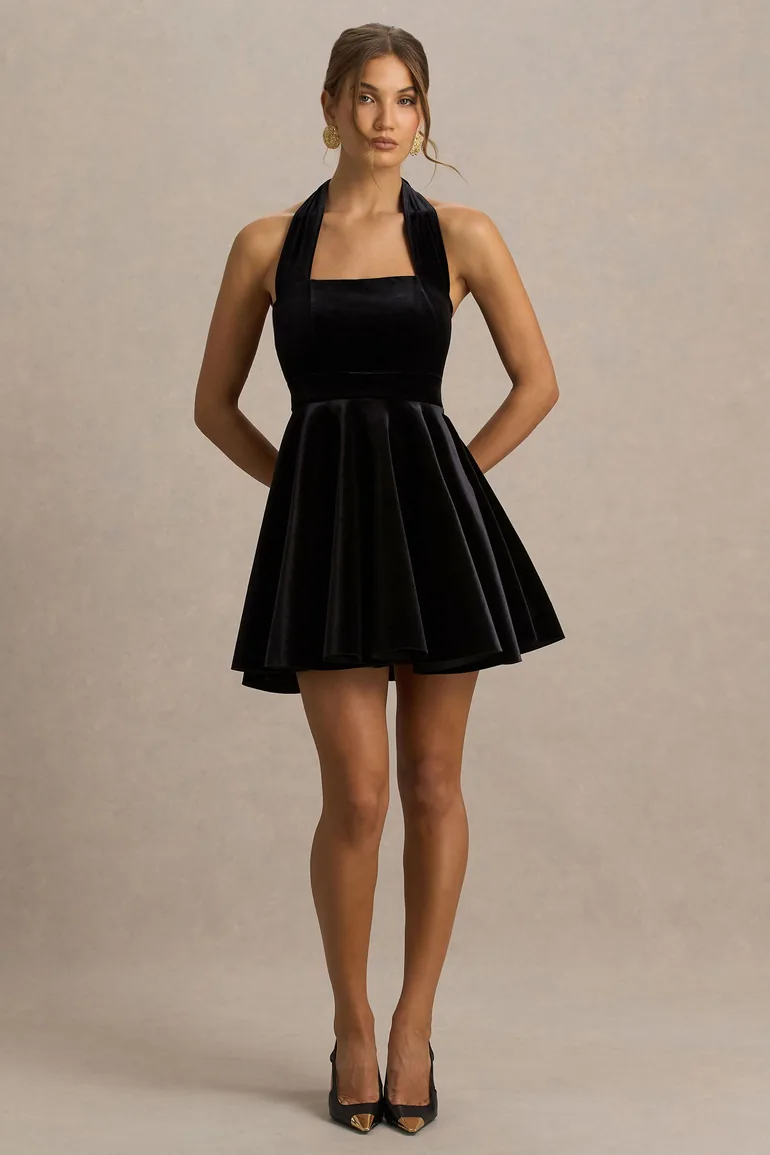 black halter skater dress Halterneck Corset Drape Detail Mini Skater Dress In Black Texture | EGO US