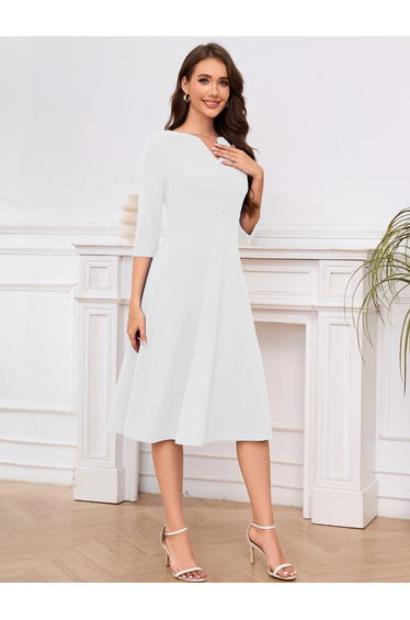 Elegant Retro Women's Keyhole V-Neck 3/4 Sleeve Dress