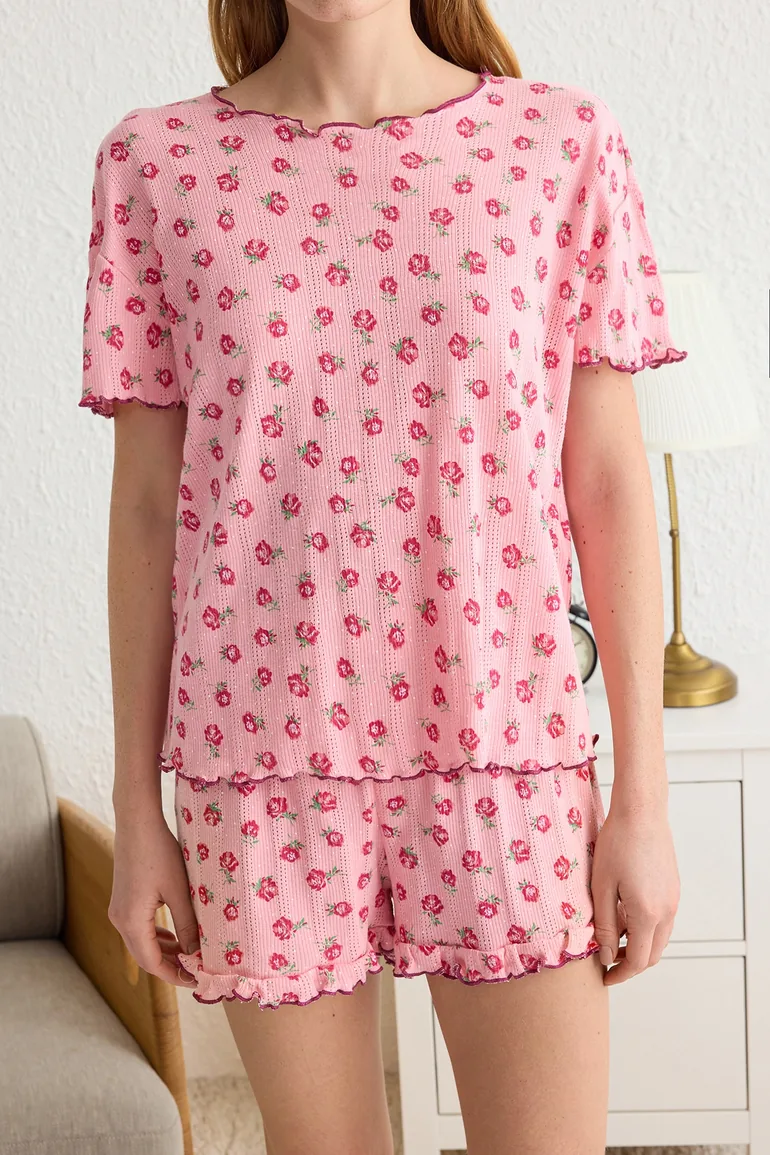 Pink Floral Ruffle Camisole Knitted Pajama Set - 3