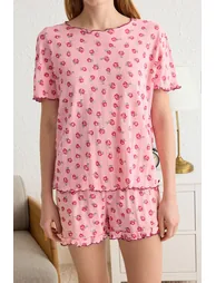 Pink Floral Ruffle Camisole Knitted Pajama Set - 3