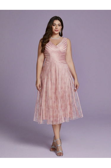 Leely Plus Women's Elegant V Neck A-Line Midi Dress