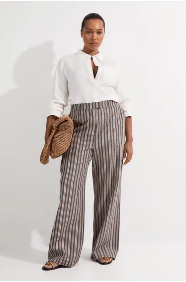 بنطلون كتان مخطط بأرجل عريضة بذرات لامعة - للمقاسات الكبيرة