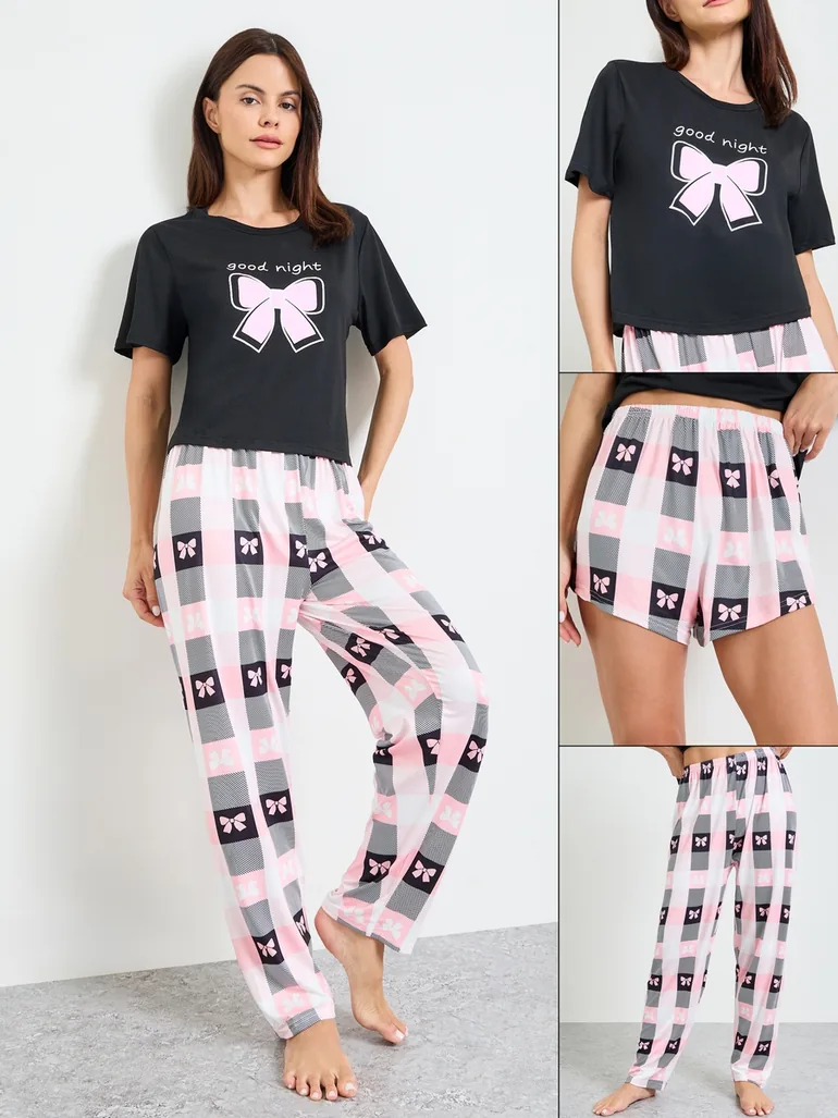 Pack of 3 - Bow Print T-Shirt, Shorts, Pajama Set
