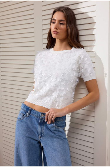 Ecru Three-Dimensional Flower Detail and Tulle Knitwear Blouse