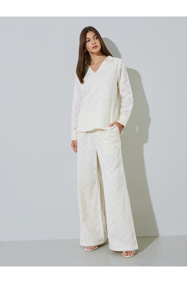 Off White Cotton Schiffli Top and Pants Set