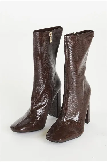 Brown Croc Calf High Heeled Boot