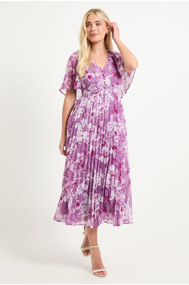 Petite Floral Pleated Cape Sleeve Midi Dress