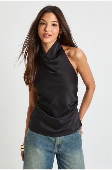 Satin High Cowl Neck Cami Top - black