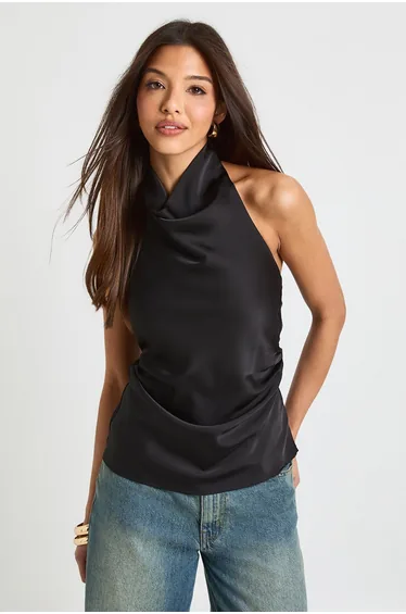 Satin High Cowl Neck Cami Top - black