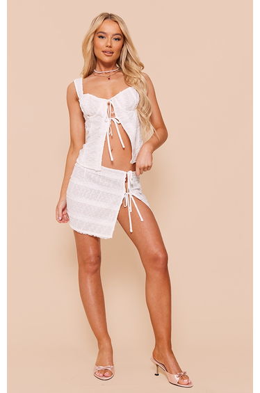 White Textured Chiffon Frill Tie Micro Mini Skirt