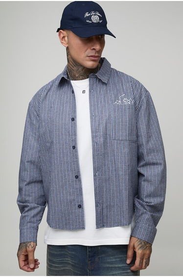 Tall Oversized Boxy Embroidered Micro Check Shirt - navy