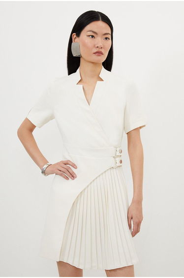 Tailored Military Pleat Notch Neck Wrap Mini Dress