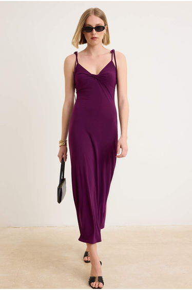 Plum Straight A-Line Sweetheart Neck Sleeveless Tie Detail Maxi Stretchy Lined Knitted Dress