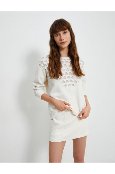 Crew Neck Fishnet Detail Long Sleeve Sweatshirt