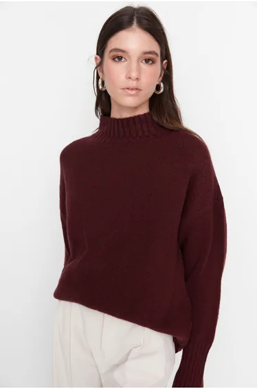 Claret Red Soft Textured Basic Knitwear Sweater